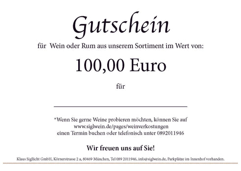 Wein,-Rum Gutschein 100,- Euro mit Weinprobe