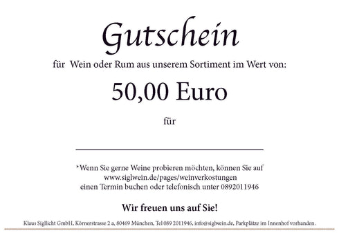 Wein,-Rum Gutschein 50,- Euro mit Weinprobe